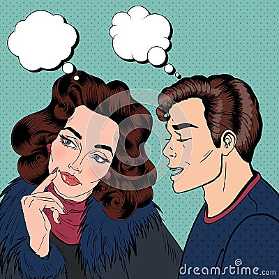 Man Whispering Something to his Girlfriend. Happy Couple. Pop Art Vector Illustration