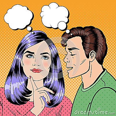 Man Whispering Something to his Girlfriend. Happy Couple. Pop Art Vector Illustration