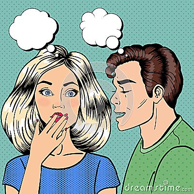 Man Whispering Something to his Surprised Girlfriend. Happy Couple. Pop Art Vector Illustration