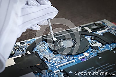 Man in white gloves Installing laptop fan using driver. Replacement cooler in modern thin ultrabook. Clean renovation Stock Photo