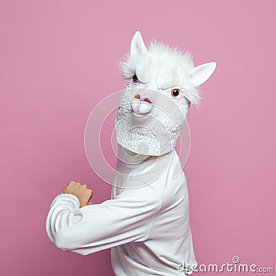 Man with white lama head on bright pink studio wall background Stock Photo