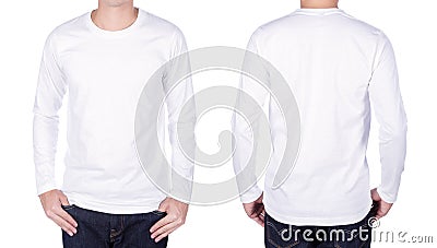 Man in white long sleeve t-shirt isolated on white background Stock Photo