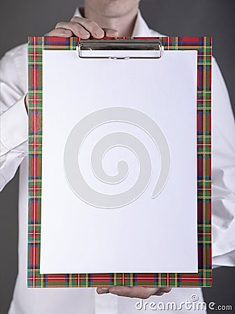 A man holding plastic clipboard Stock Photo