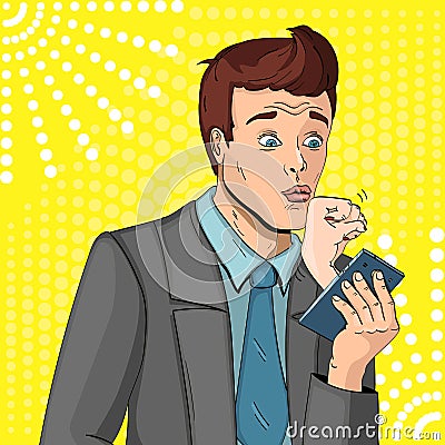 A man who is completely subordinate to his wife. Kisses the fist. Holds the phone. comic style vector illustration. Vector Illustration