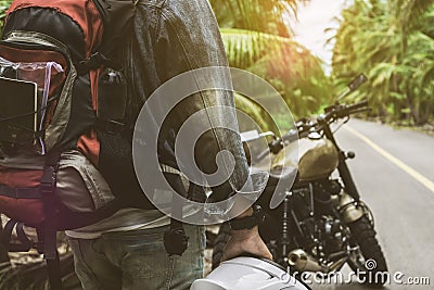 The man who driving motorcycle on the road for travel Stock Photo