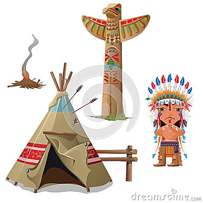 Man, wigwam, bird totem and fire. Indian set Vector Illustration