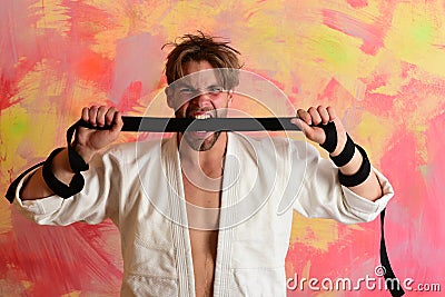 Man with wild face and bristle on colorful background Stock Photo