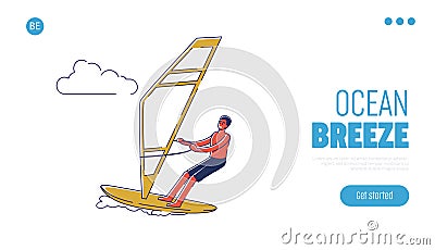Man windsurfing in ocean over web landing page background. Summer seaside vacation activity concept Vector Illustration