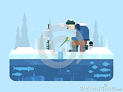 Man on winter fishing Vector Illustration
