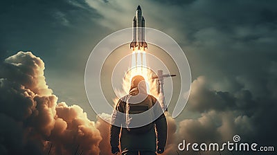 Man wishes good luck to astronauts flying into space, waves his hand to taking off rocket created with generative AI Cartoon Illustration