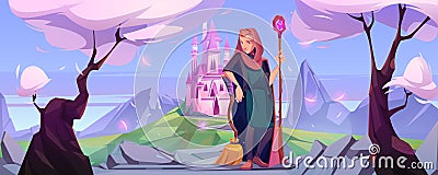 Man wizard with magic staff on road to pink castle Cartoon Illustration