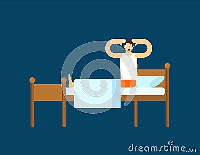 Man woke up and sits on bed. Guy wakes up Vector Illustration