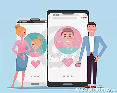 Man and woman acquaintance in social network. Used for web profiles on smartphones. Online dating app users. Human growth phones Cartoon Illustration