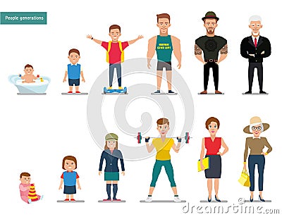 Man and Woman aging set. White background. Flat illustration. Vector Illustration