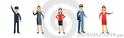 Man and Woman Airport Staff in Blue and Red Uniform Vector Set Vector Illustration