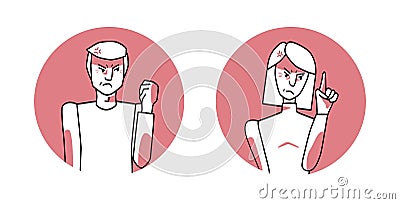 Man and woman with angry emotion circle icons, facial expression with hands. Annoyed people, expressing their negative feelings Vector Illustration