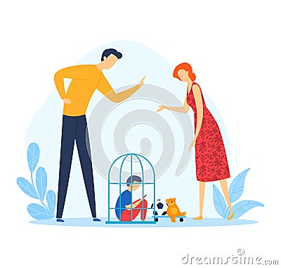 Man and woman arguing while a child sits inside a birdcage, family conflict concept. Parents quarrel, neglected child Vector Illustration