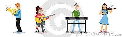 Man and Woman Artists Playing Musical Instruments on Stage Vector Set Vector Illustration