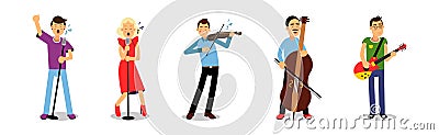 Man and Woman Artists Playing Musical Instruments on Stage Vector Set Vector Illustration