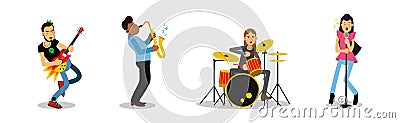 Man and Woman Artists Playing Musical Instruments on Stage Vector Set Vector Illustration