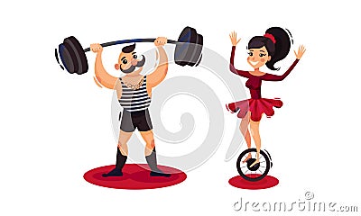 Man and Woman as Circus Artists and Acrobats Lifting Heavy Barbell and Balancing on Wheel Vector Set Vector Illustration