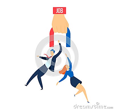 Man and woman attracted by giant magnet labeled 'JOB'. Applicants reaching for employment opportunity. Career Vector Illustration