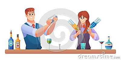 Man and woman bartender characters mixing drinks Vector Illustration