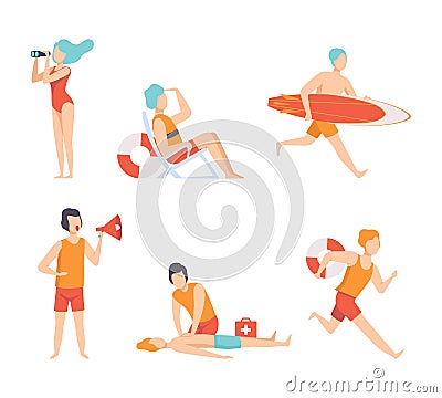 Man and Woman Beach Lifeguards with Megaphone, Lifebuoy and Binoculars Ensuring Safety Vector Set Stock Photo