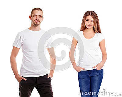 Man a woman in blank white tshirt, isolated on white background Stock Photo