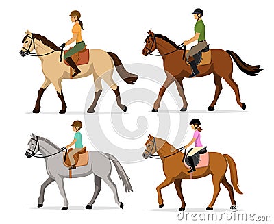 Man, Woman, Boy, Girl riding horses Vector Illustration Set, isolated. Vector Illustration