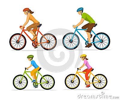 Man , woman, boy and girl riding sport bikes. Family outdoor activity Vector Illustration