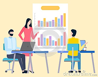 Man and Woman Brokers Analyzing Trades on Chart Vector Illustration