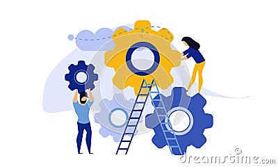 Man and woman business organization with circle gear vector concept illustration mechanism teamwork. Skill job cooperation Vector Illustration