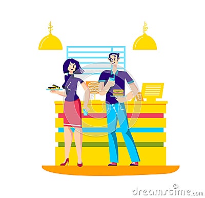 Man and woman buying fast food in restaurant, couple eating fastfood for lunch Vector Illustration