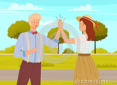 Man and woman in casual clothes greeting each other. Characters give five and are rejoice Vector Illustration