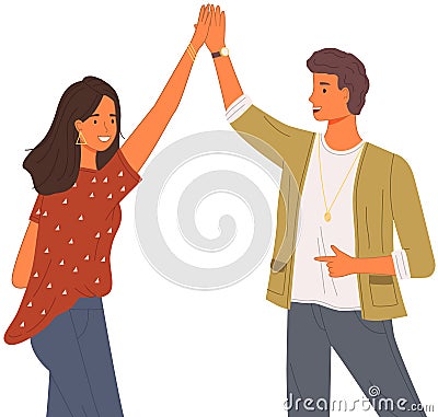 Man and woman in casual clothes greeting each other. Characters give five and are rejoice Vector Illustration