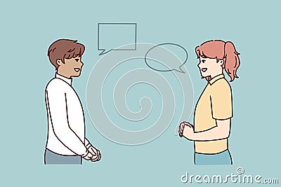 Man and woman in casual clothes with talking bubbles discussing plans for weekend. Vector image Vector Illustration