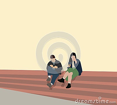 Man and woman in casual clothes talking and playing smartphone while sitting on stairs outdoors in the city Vector Illustration