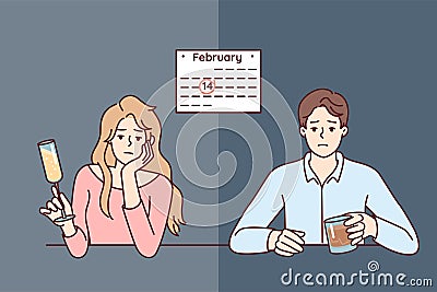 Man and woman celebrate Valentine Day February 14 alone due to absence of second half Vector Illustration