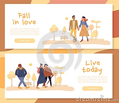 Man woman character enjoy autumn header banner set Vector Illustration