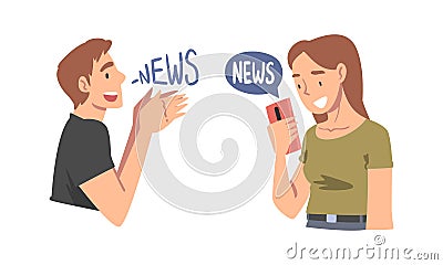 Man and Woman Character Gathering News Scrolling Newsfeed on Smartphone and Talking Vector Set Vector Illustration