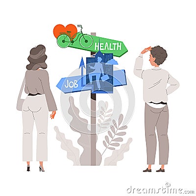 Man and Woman Character Near Direction Post Choosing Between Health and Work Having Dilemma Comparing Vector Vector Illustration