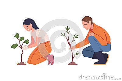 Man and Woman Character Planting Tree Sapling in Soil Taking Care of Planet and Nature Vector Set Vector Illustration