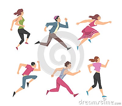 Man and Woman Character Running in a Hurry and Hasten Somewhere Vector Set Vector Illustration