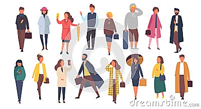 Man and woman characters in autumn outwear clothes. Crowd of cartoon people outside on the streets. Vector flat Vector Illustration