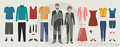 Man and woman characters with business, casual, sport clothing set. Vector Illustration