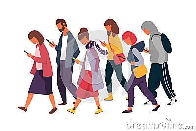 Man and woman characters with mobile phones. Crowd of people holding smartphones. Vector illustration Vector Illustration