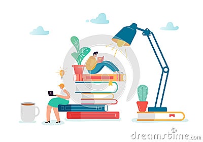 Man and Woman Characters Reading Books. Flat People Sitting on Stack of Books. Education, Library Literature Concept Vector Illustration