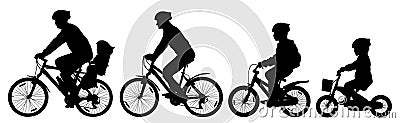 Man woman and children boy and girl on a bicycle riding on a bike, cyclist set, silhouette vector. Vector Illustration