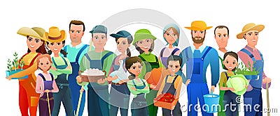 Man and woman and children villager farmer in overalls. Agricultural worker. Cheerful person. Standing pose. Cartoon Vector Illustration